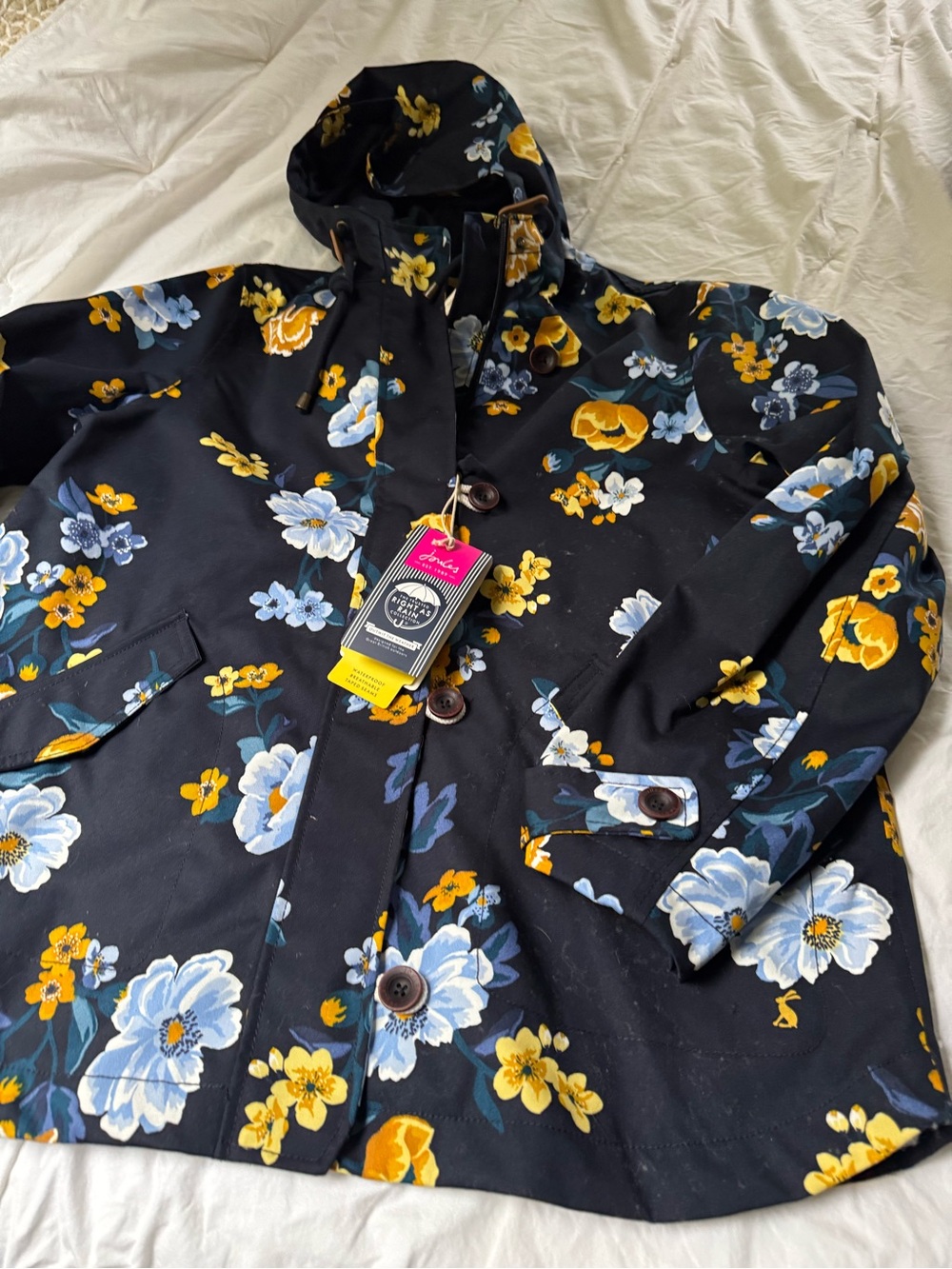 Joules Navy Floral Hooded Trench Coat with Yellow & Light Blue Flowers